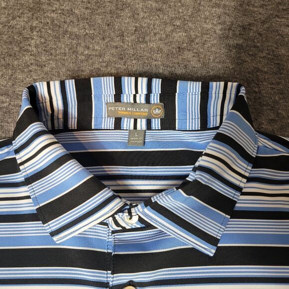 Peter Millar Summer Comfort Men's L Blue Striped Polo Shirt Shady Oaks Club Good - Picture 3 of 9